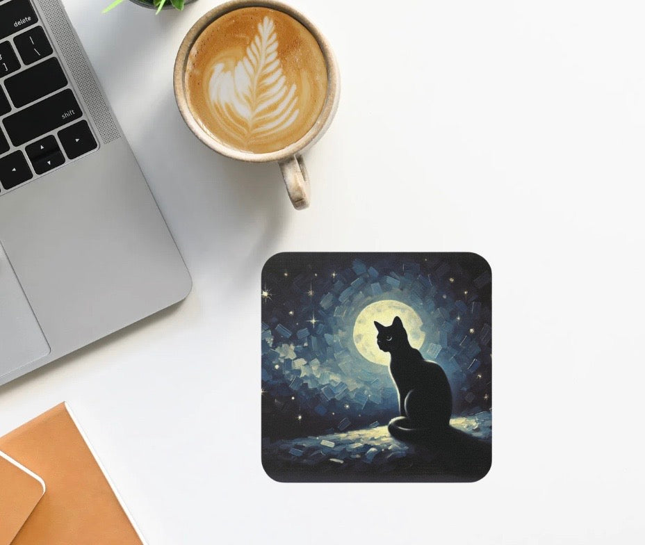 Black Cat - Full Moon - Cork Back Coaster   