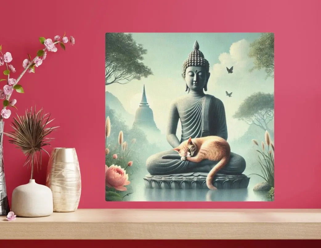 Cat Naps with Buddha - Cat Lover - Wall Art Decor 8x8   