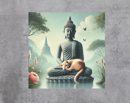 Cat Naps with Buddha - Cat Lover - Wall Art Decor 8x8   