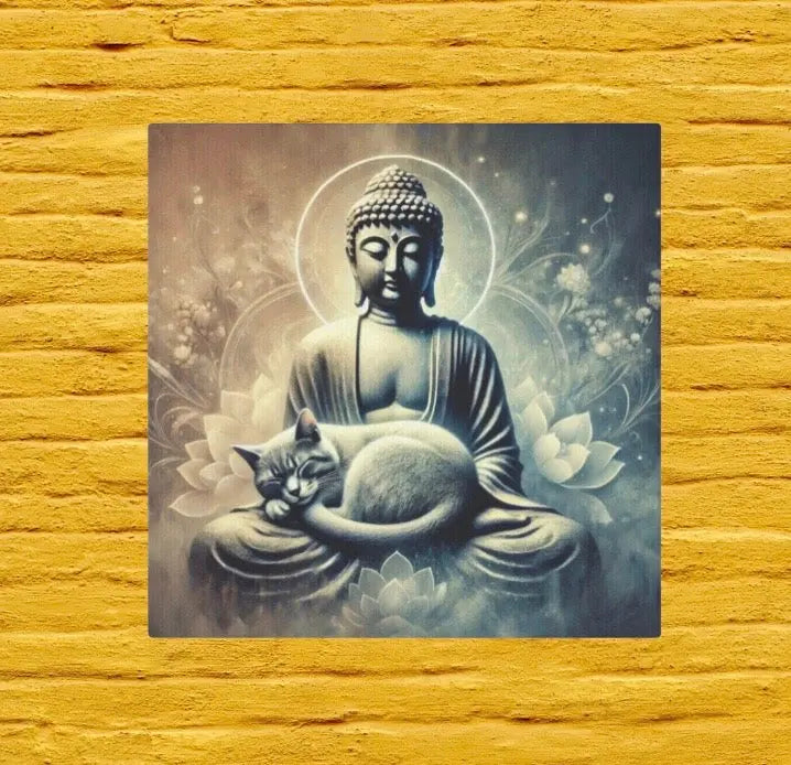 Cat Naps on Buddha Statue - Cat Lover - Wall Art Decor 8x8   