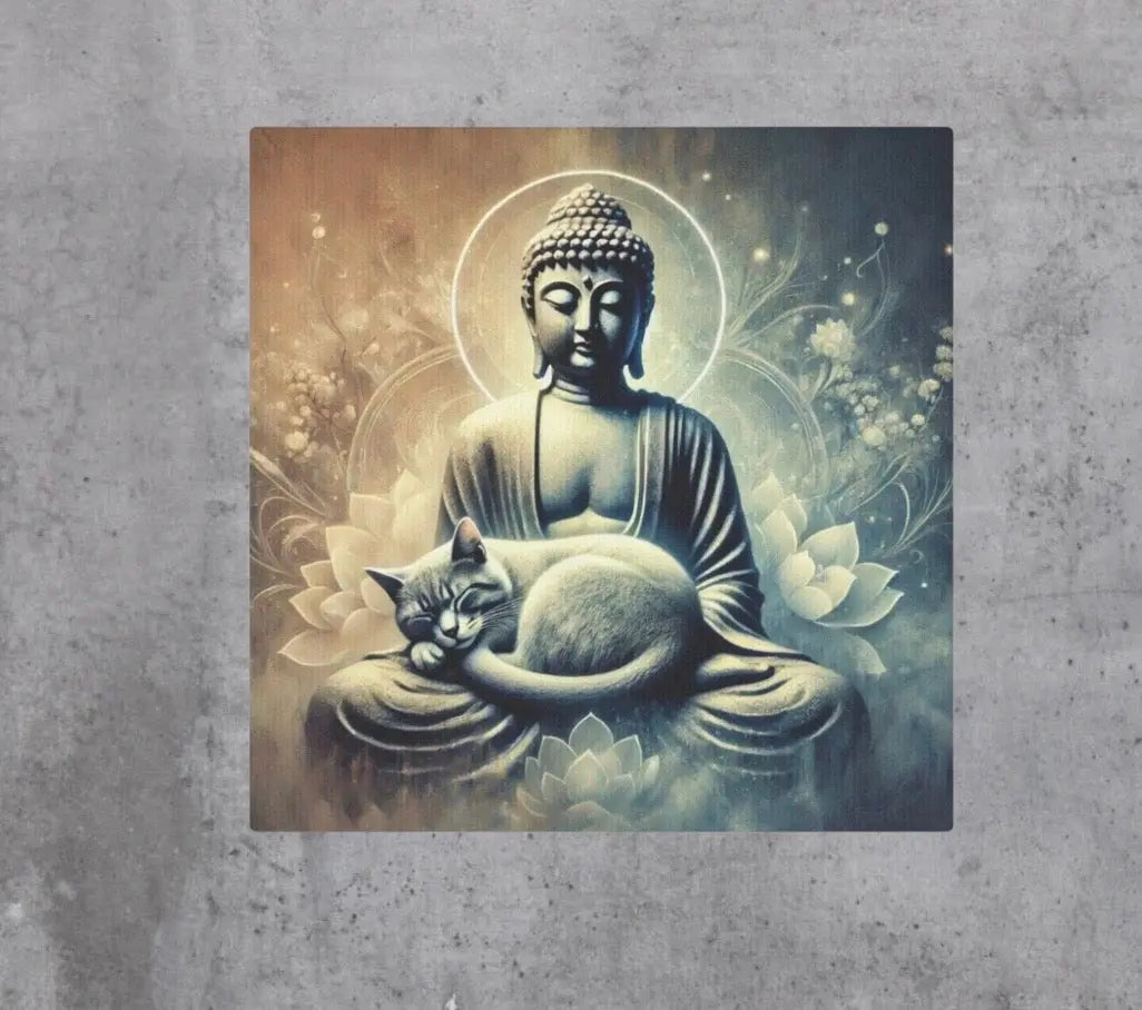 Cat Naps on Buddha Statue - Cat Lover - Wall Art Decor 8x8   