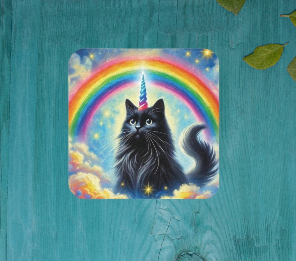 Caticorn in the Clouds - Cats Unicorns Rainbows - High Gloss Drink Coaster   