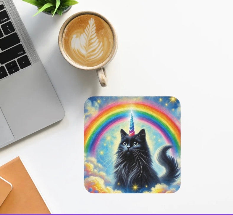 Caticorn in the Clouds - Cats Unicorns Rainbows - High Gloss Drink Coaster   