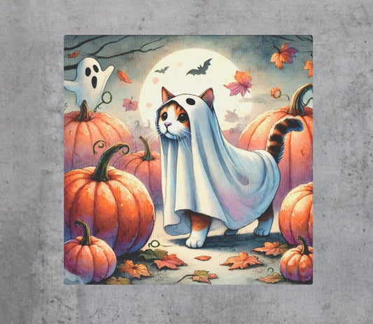 Halloween Ghost Cat in Pumpkin Patch - Wall Art Decor 8x8   