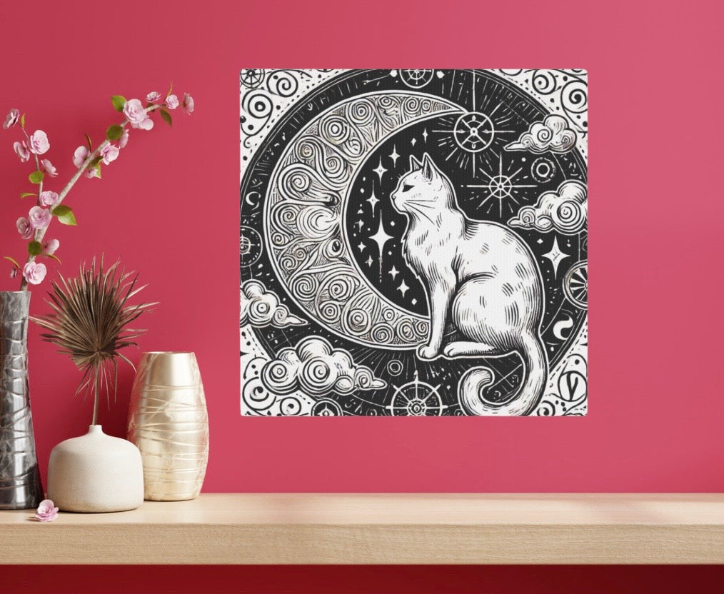 White Cat - Crescent Moon Bohemian - Wall Art Decor 8x8   