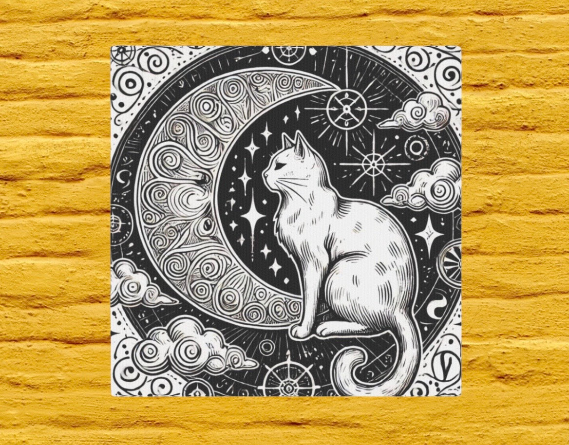 White Cat - Crescent Moon Bohemian - Wall Art Decor 8x8   