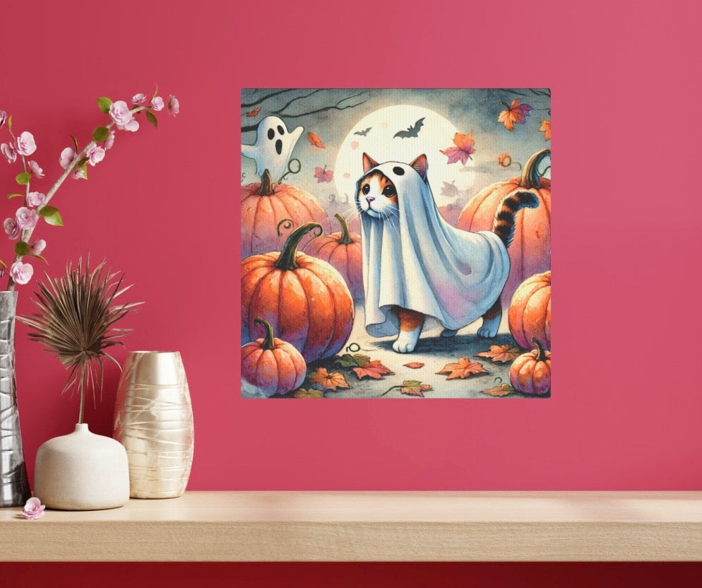 Halloween Ghost Cat in Pumpkin Patch - Wall Art Decor 8x8   