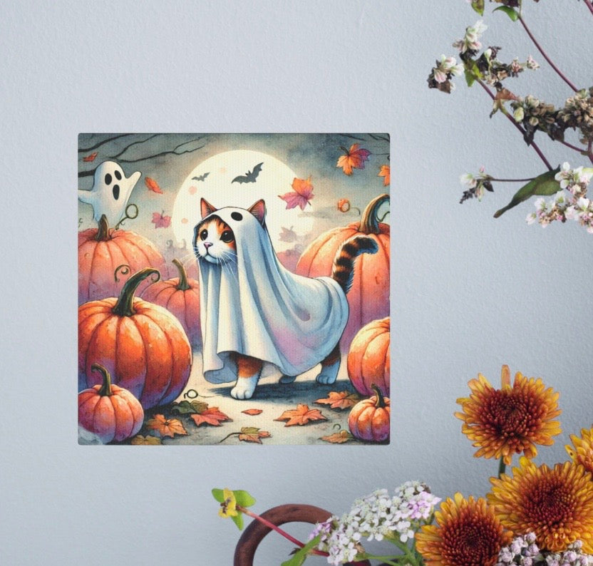 Halloween Ghost Cat in Pumpkin Patch - Wall Art Decor 8x8   