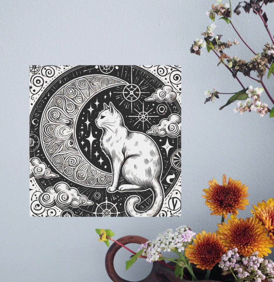 White Cat - Crescent Moon Bohemian - Wall Art Decor 8x8   