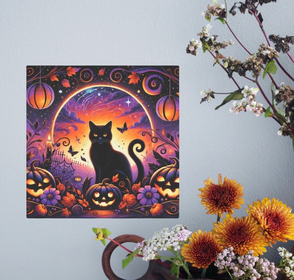 Halloween Black Cat in Pumpkin Patch - Wall Art Decor 8x8   