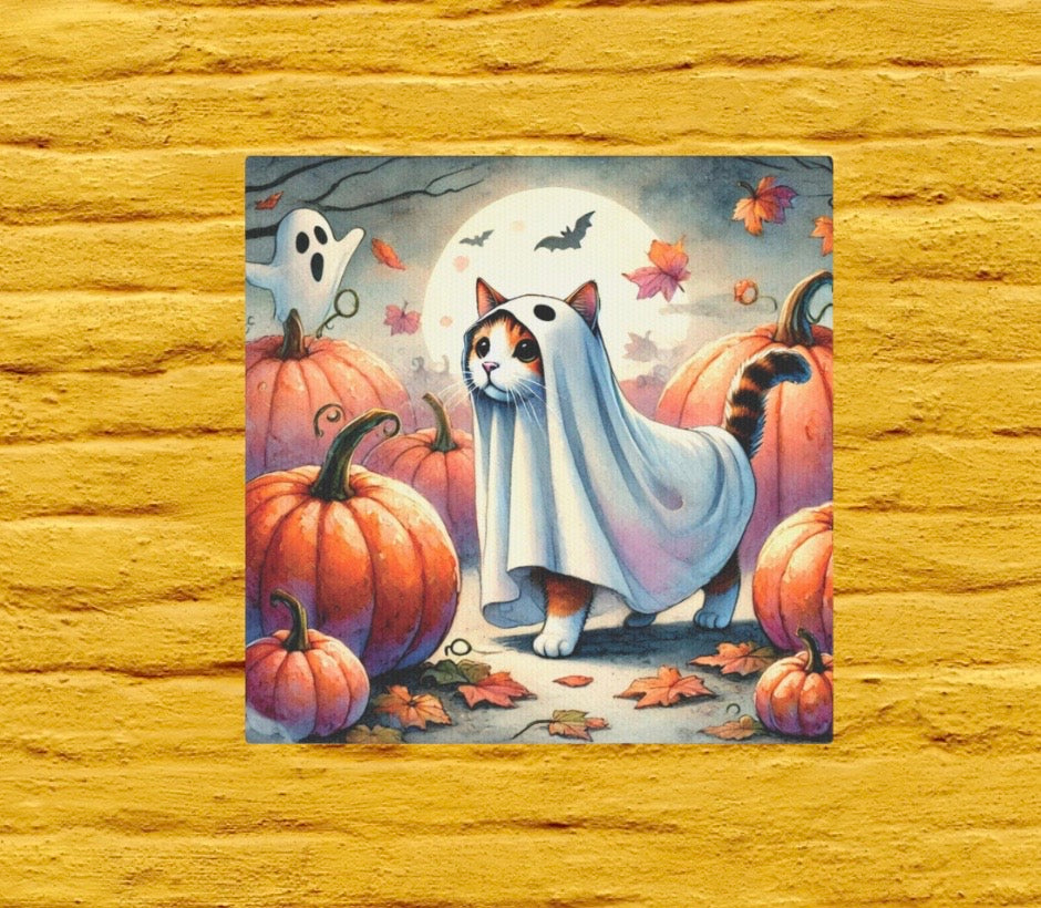 Halloween Ghost Cat in Pumpkin Patch - Wall Art Decor 8x8   