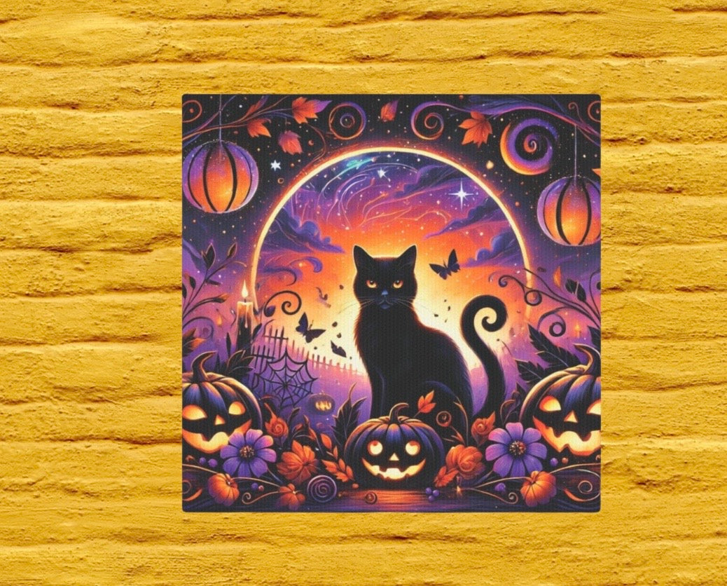 Halloween Black Cat in Pumpkin Patch - Wall Art Decor 8x8   