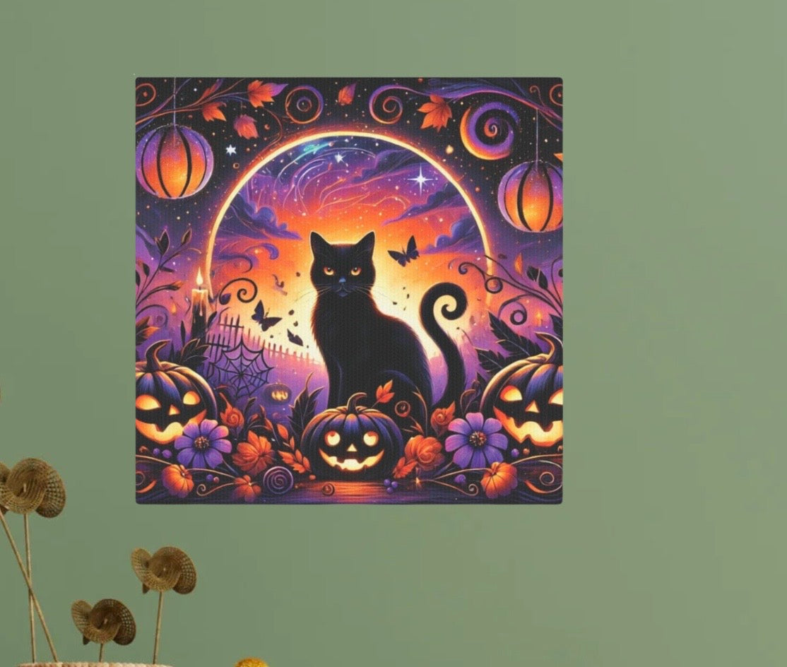 Halloween Black Cat in Pumpkin Patch - Wall Art Decor 8x8   