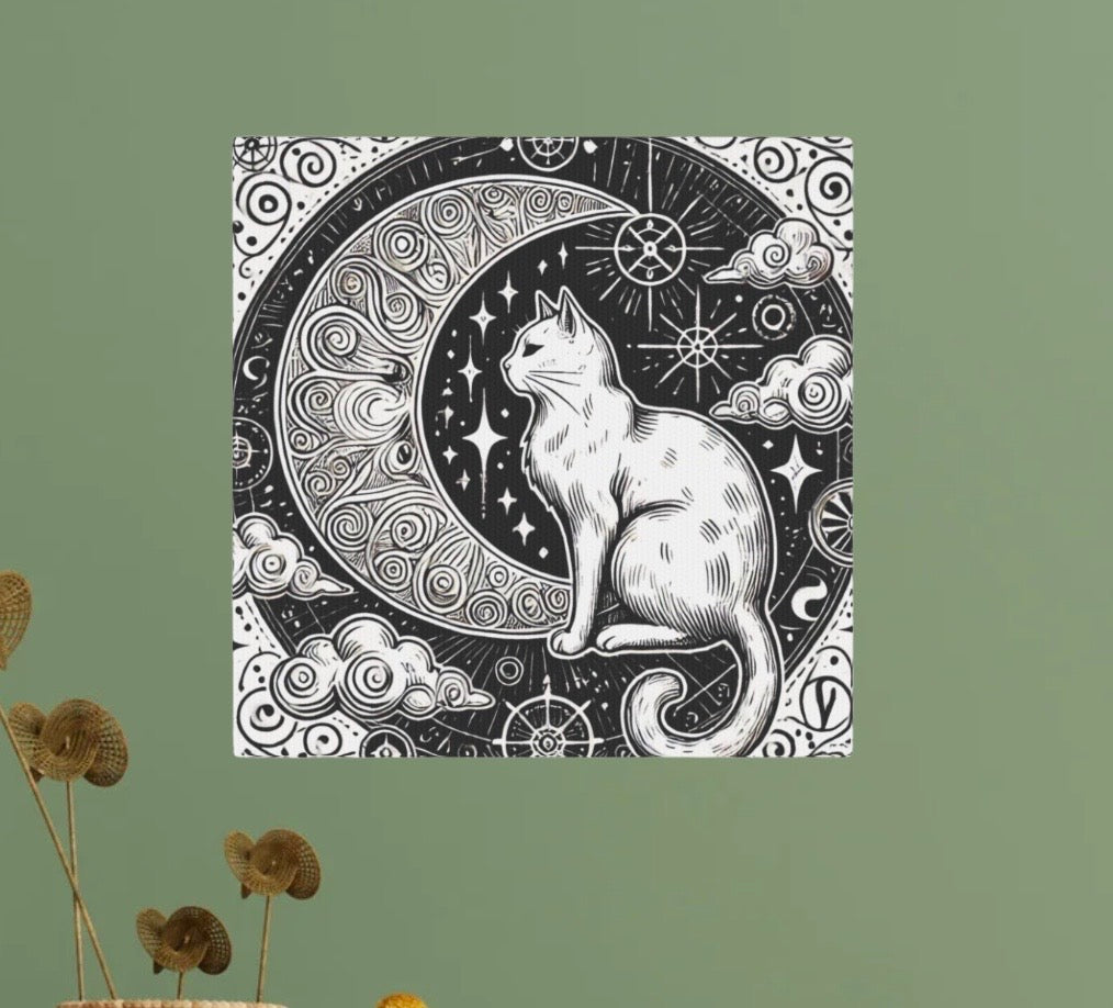 White Cat - Crescent Moon Bohemian - Wall Art Decor 8x8   