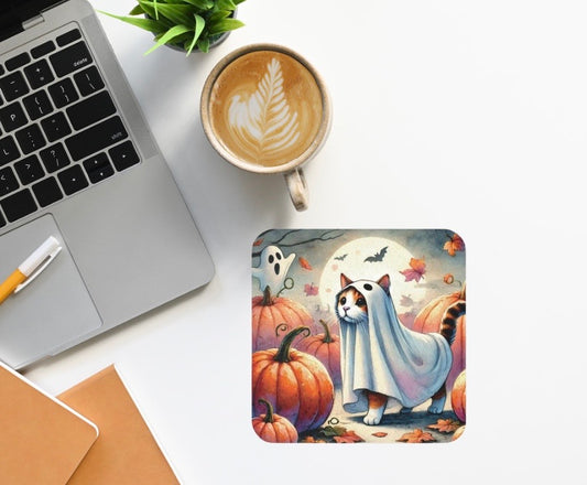 Halloween Cat Ghost in Pumpkin Patch - High Gloss Drink Coaster   