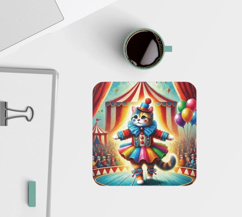 Circus Cat Clown Ballerina  - High Gloss Drink Coaster   