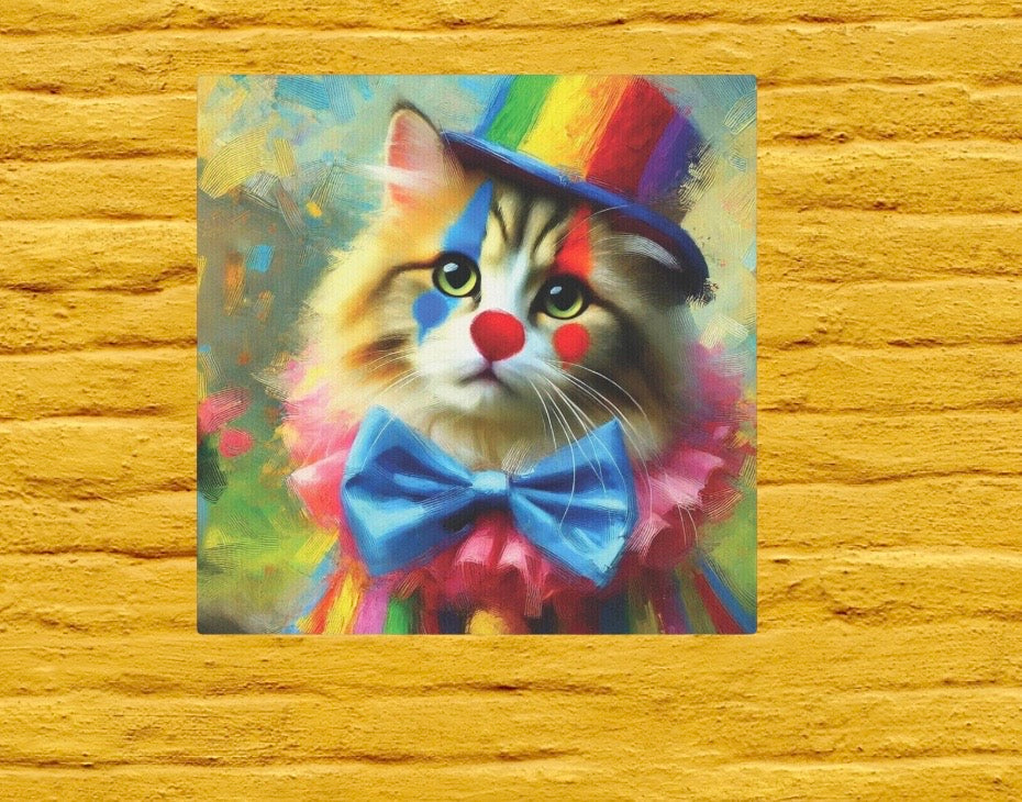 Rainbow Top Hat Cat Clown - Wall Art Decor 8x8   