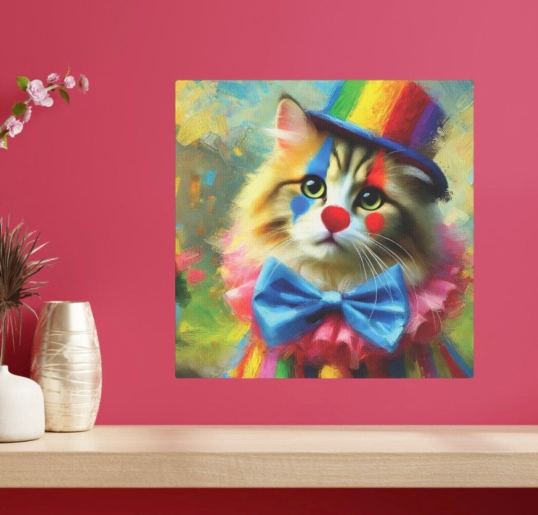 Rainbow Top Hat Cat Clown - Wall Art Decor 8x8   