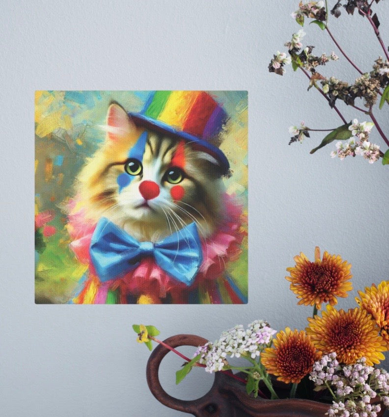 Rainbow Top Hat Cat Clown - Wall Art Decor 8x8   