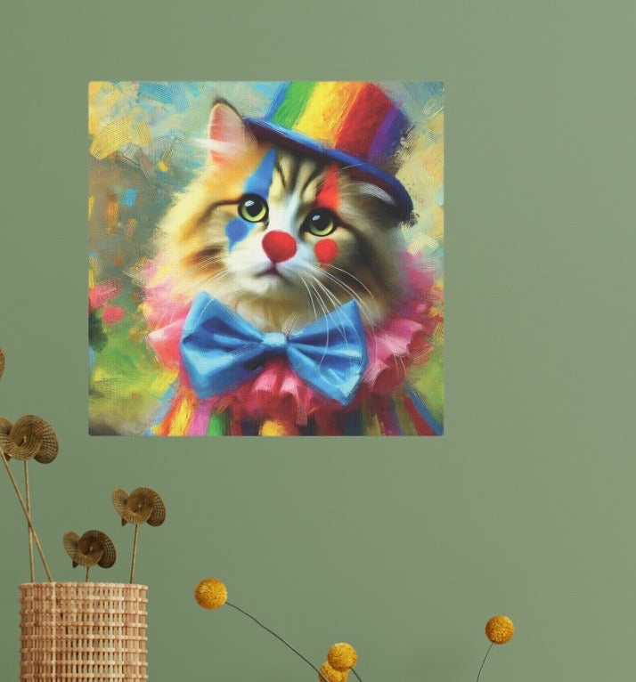 Rainbow Top Hat Cat Clown - Wall Art Decor 8x8   