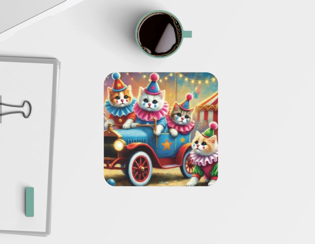 Cat Circus Clown Car - High Gloss Drink Coaster   