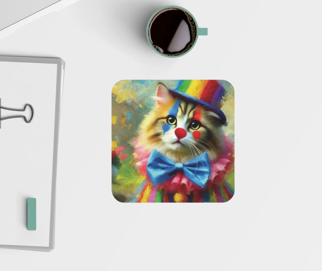 Rainbow Top Hat Cat Clown  - High Gloss Drink Coaster   