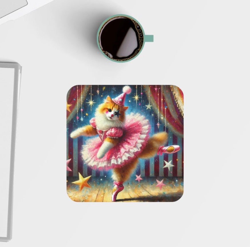 Pink Circus Cat Clown Ballerina  - High Gloss Drink Coaster   