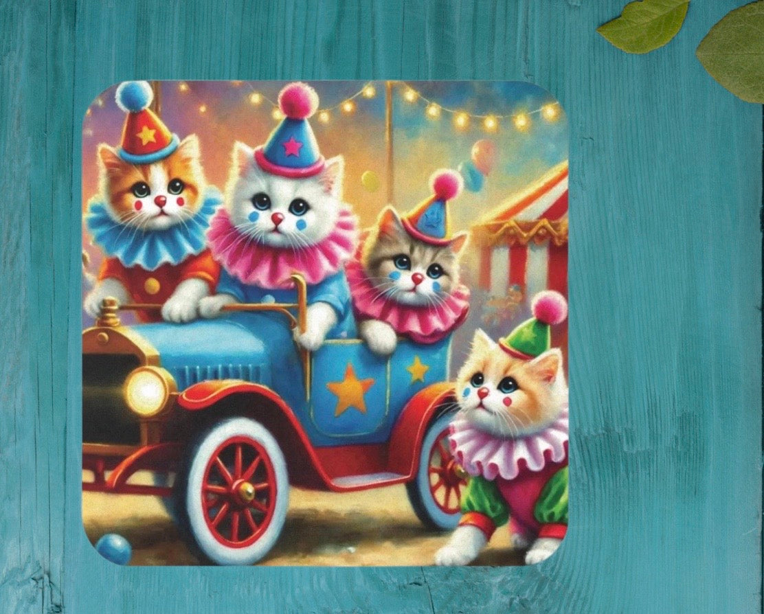 Cat Circus Clown Car - High Gloss Drink Coaster   