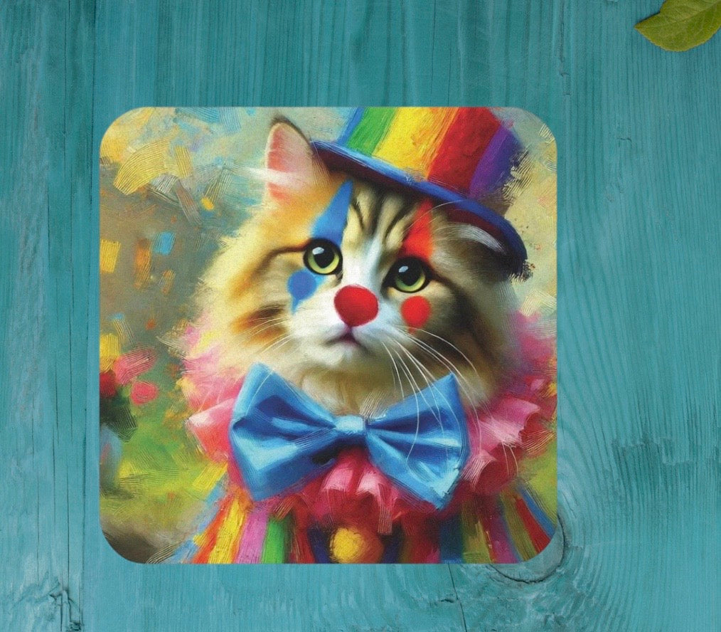 Rainbow Top Hat Cat Clown  - High Gloss Drink Coaster   