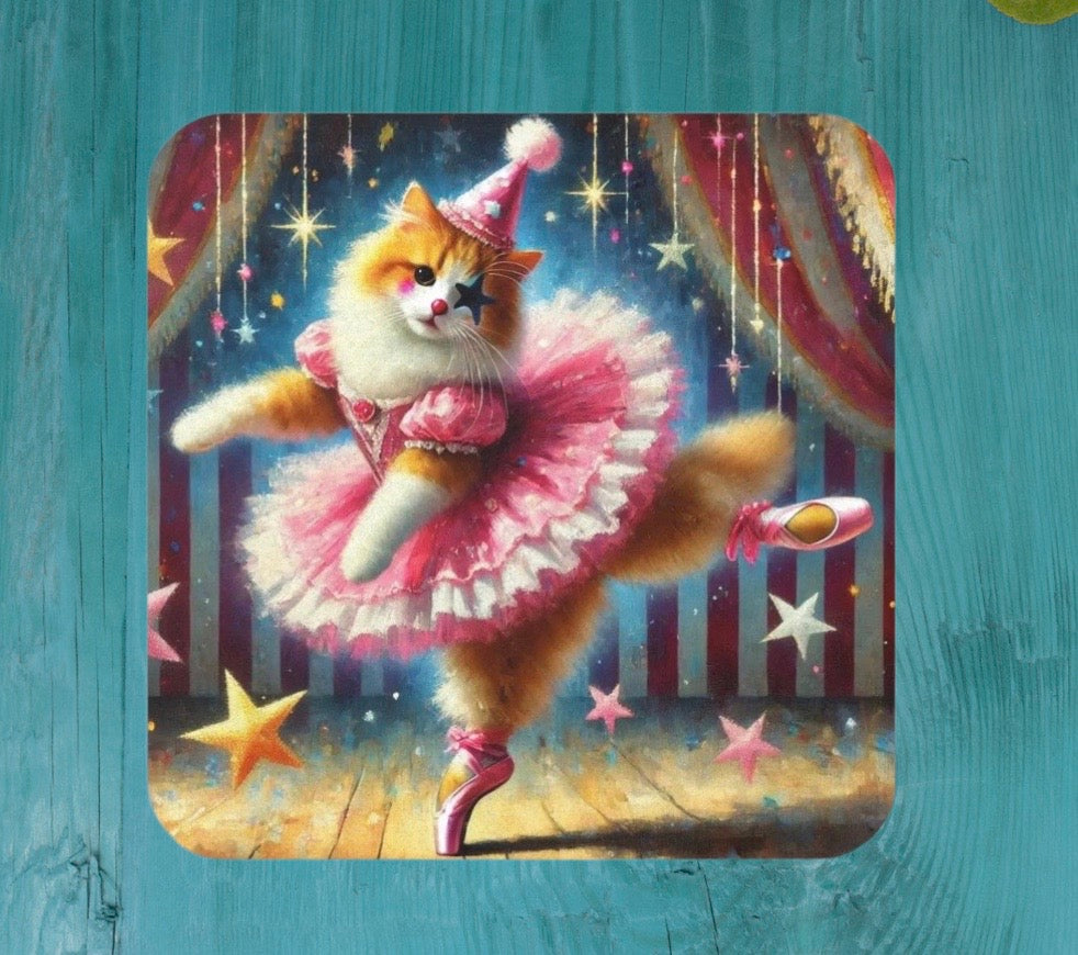 Pink Circus Cat Clown Ballerina  - High Gloss Drink Coaster   