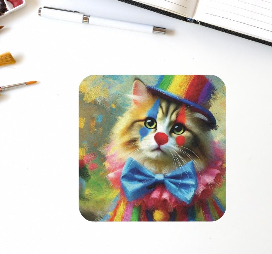 Rainbow Top Hat Cat Clown  - High Gloss Drink Coaster   