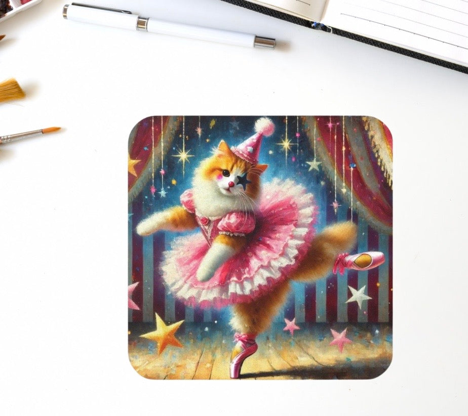 Pink Circus Cat Clown Ballerina  - High Gloss Drink Coaster   