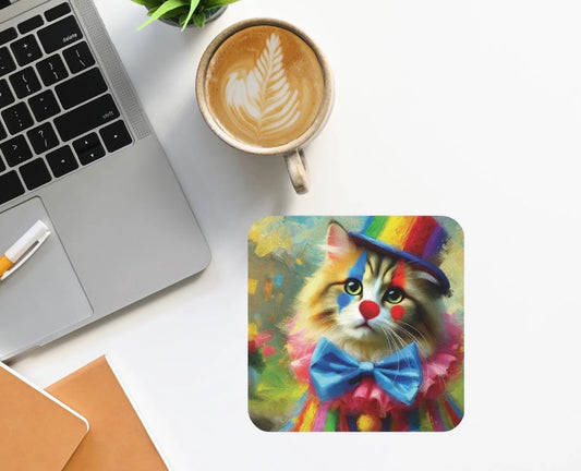 Rainbow Top Hat Cat Clown  - High Gloss Drink Coaster   