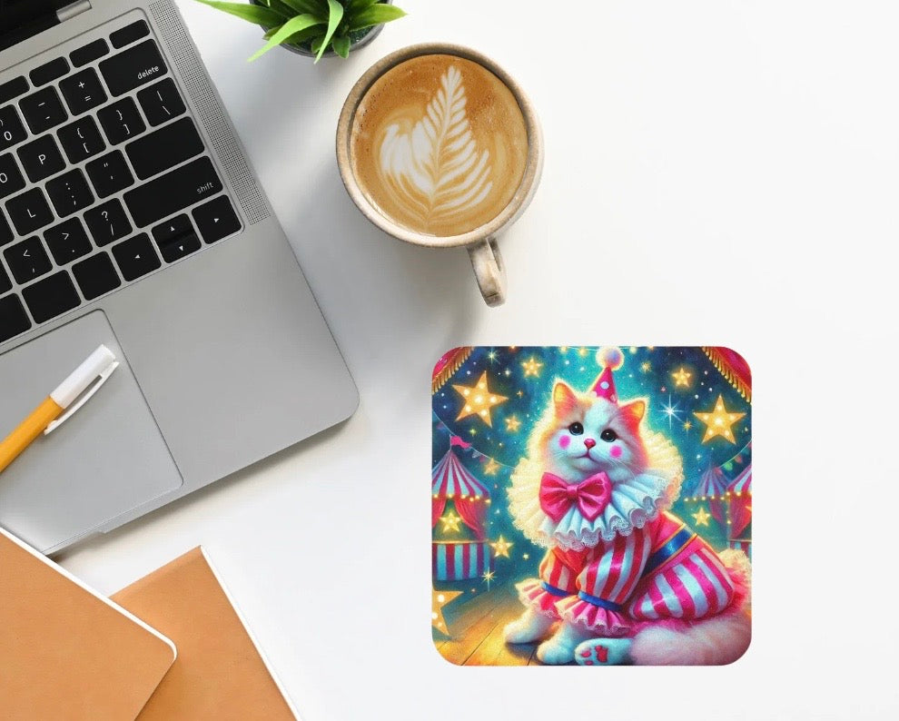 Pink Cat Clown Circus  - High Gloss Drink Coaster   