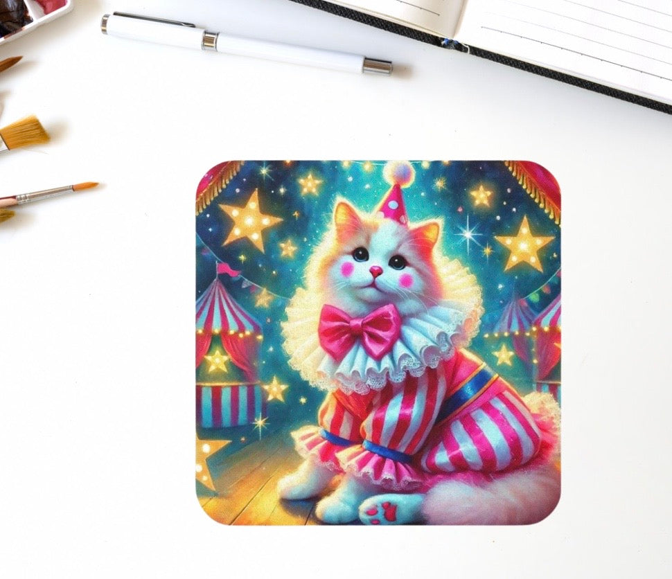 Pink Cat Clown Circus  - High Gloss Drink Coaster   