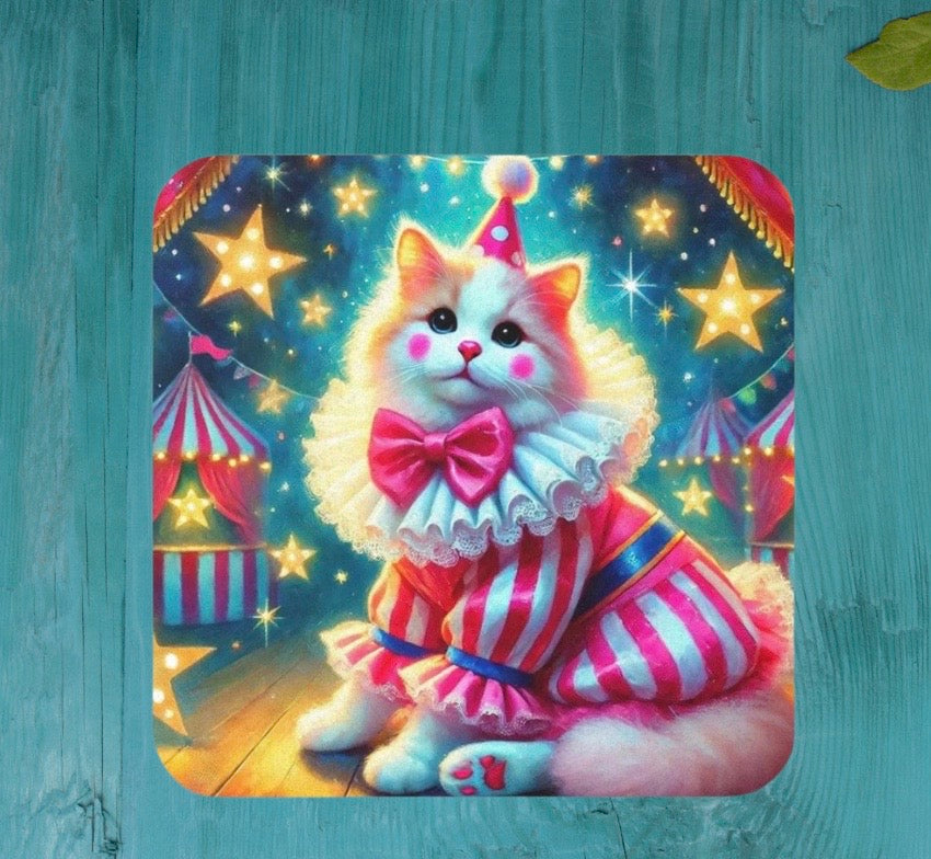 Pink Cat Clown Circus  - High Gloss Drink Coaster   