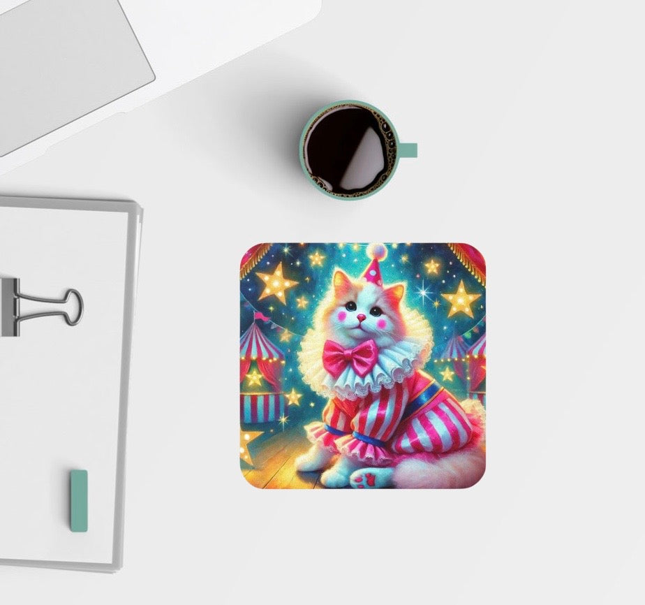 Pink Cat Clown Circus  - High Gloss Drink Coaster   