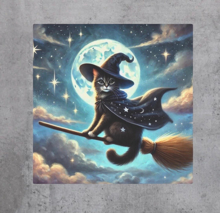 Halloween Flying Cat Witch  - Wall Art Decor 8x8   