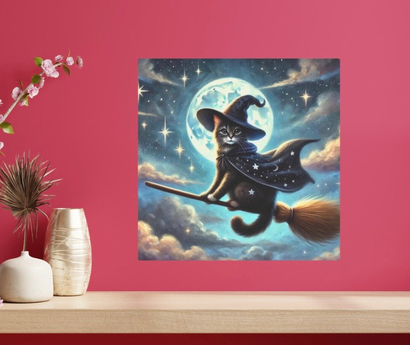 Halloween Flying Cat Witch  - Wall Art Decor 8x8   