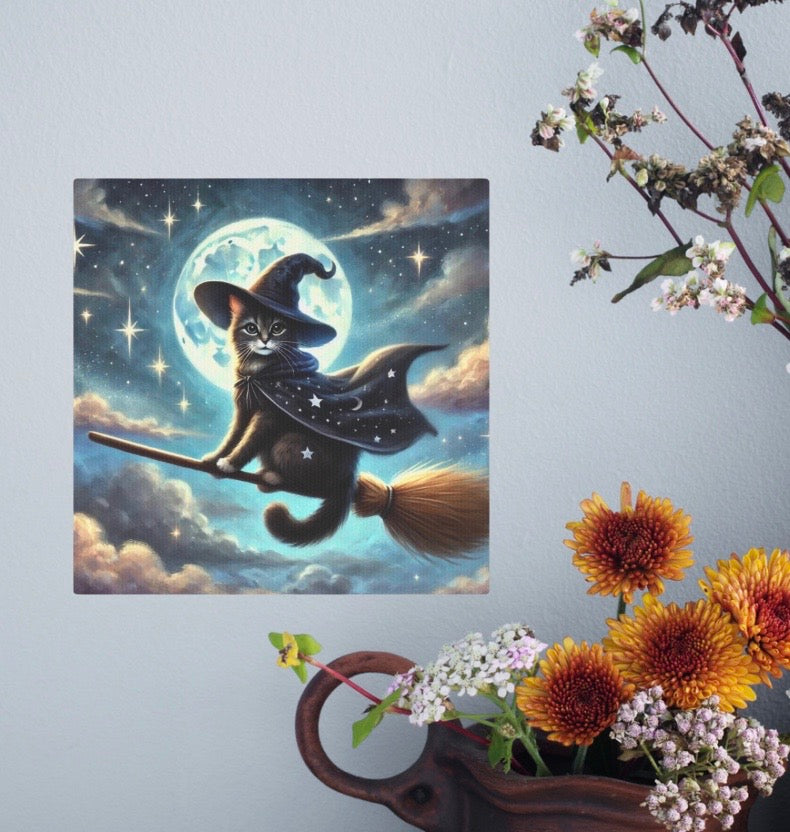 Halloween Flying Cat Witch  - Wall Art Decor 8x8   