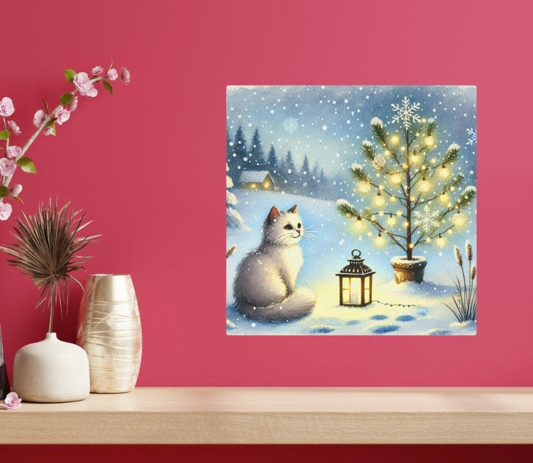 Winter Scene - White Cat Snowy Tree  - Wall Art Decor 8x8   