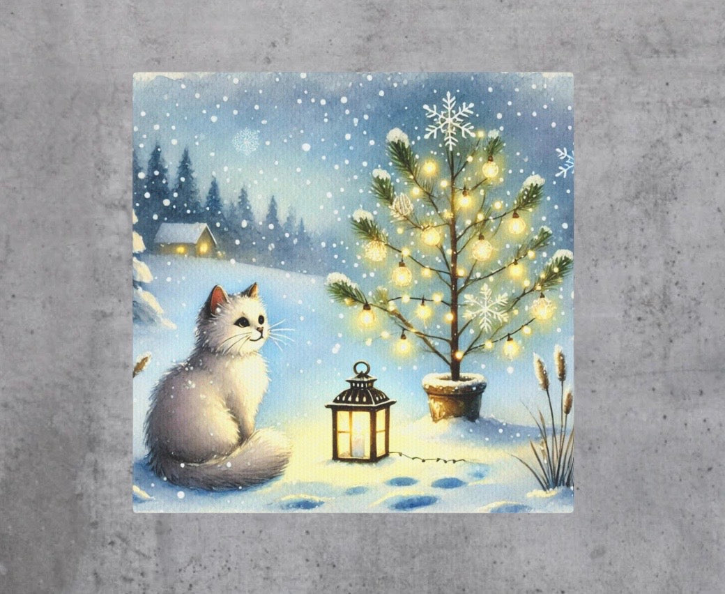 Winter Scene - White Cat Snowy Tree  - Wall Art Decor 8x8   