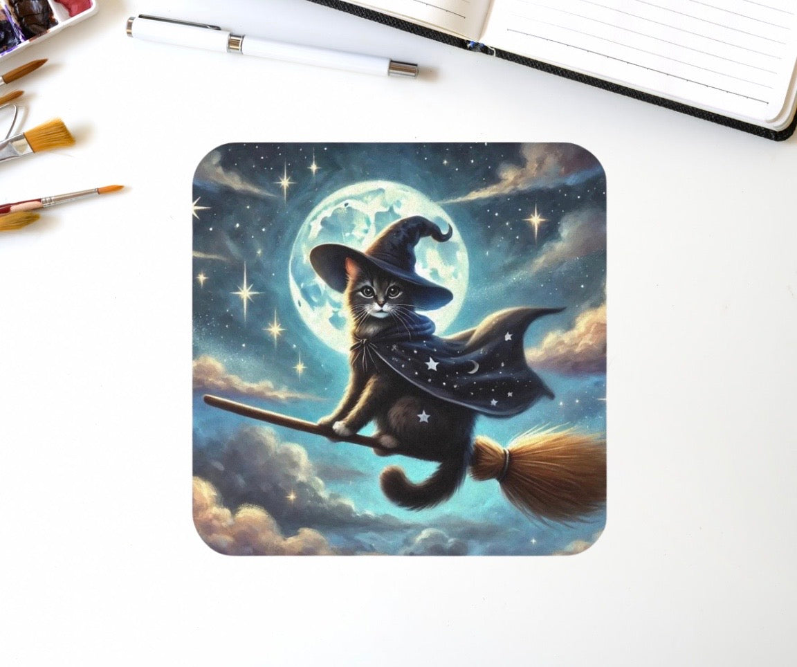 Flying Cat Witch - High Gloss Drink Coaster   