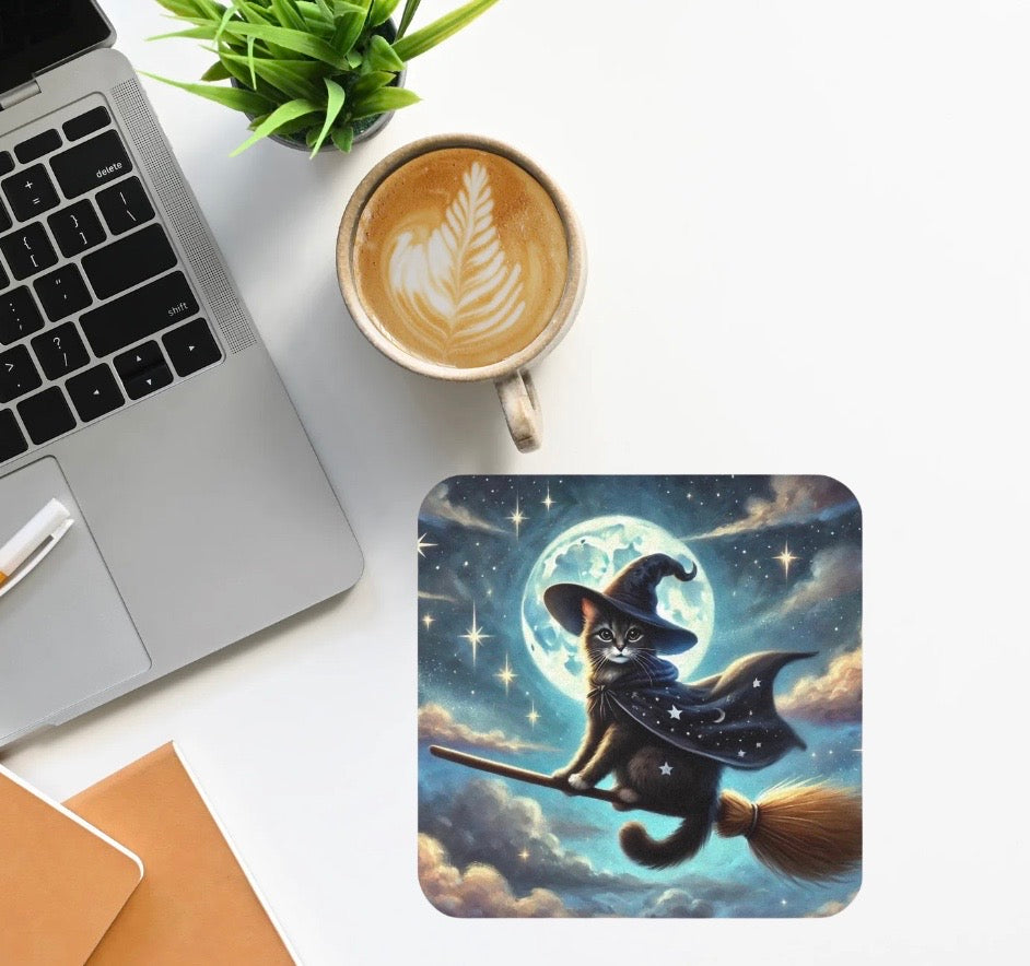 Flying Cat Witch - High Gloss Drink Coaster   