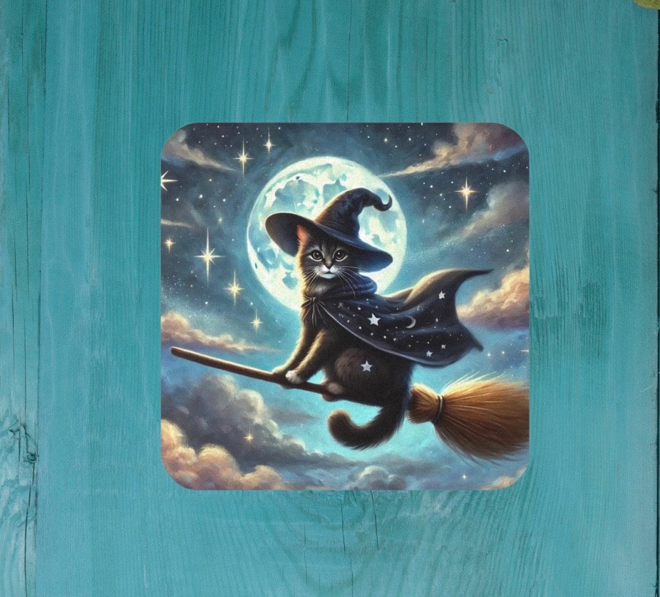 Flying Cat Witch - High Gloss Drink Coaster   