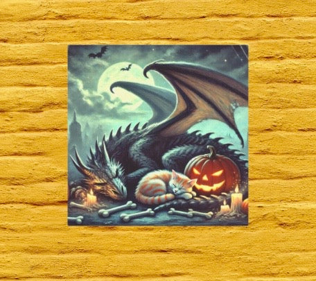 Halloween Fantasy Decor - Dragon and Kitten - Wall Art Decor 8x8   