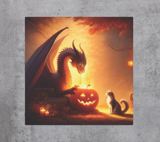 Dragon Jack-O-Lantern Lighting - Cat Lover Halloween - Wall Art Decor 8x8   