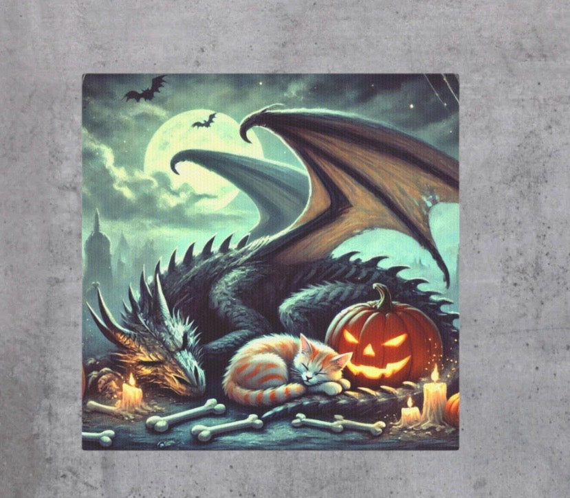 Halloween Fantasy Decor - Dragon and Kitten - Wall Art Decor 8x8   