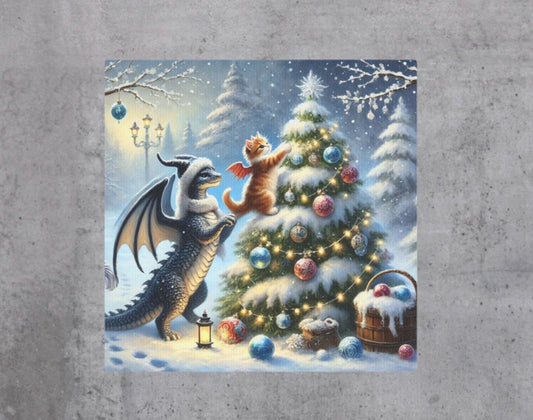 Fantasy Winter Tree Lighting - Dragon and Kitten - Wall Art Decor 8x8   