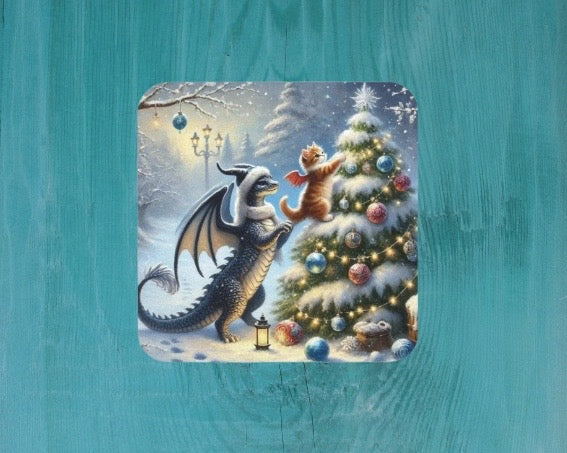 Fantasy Holiday Decor -Dragon Kitten Lover - High Gloss Drink Coaster   